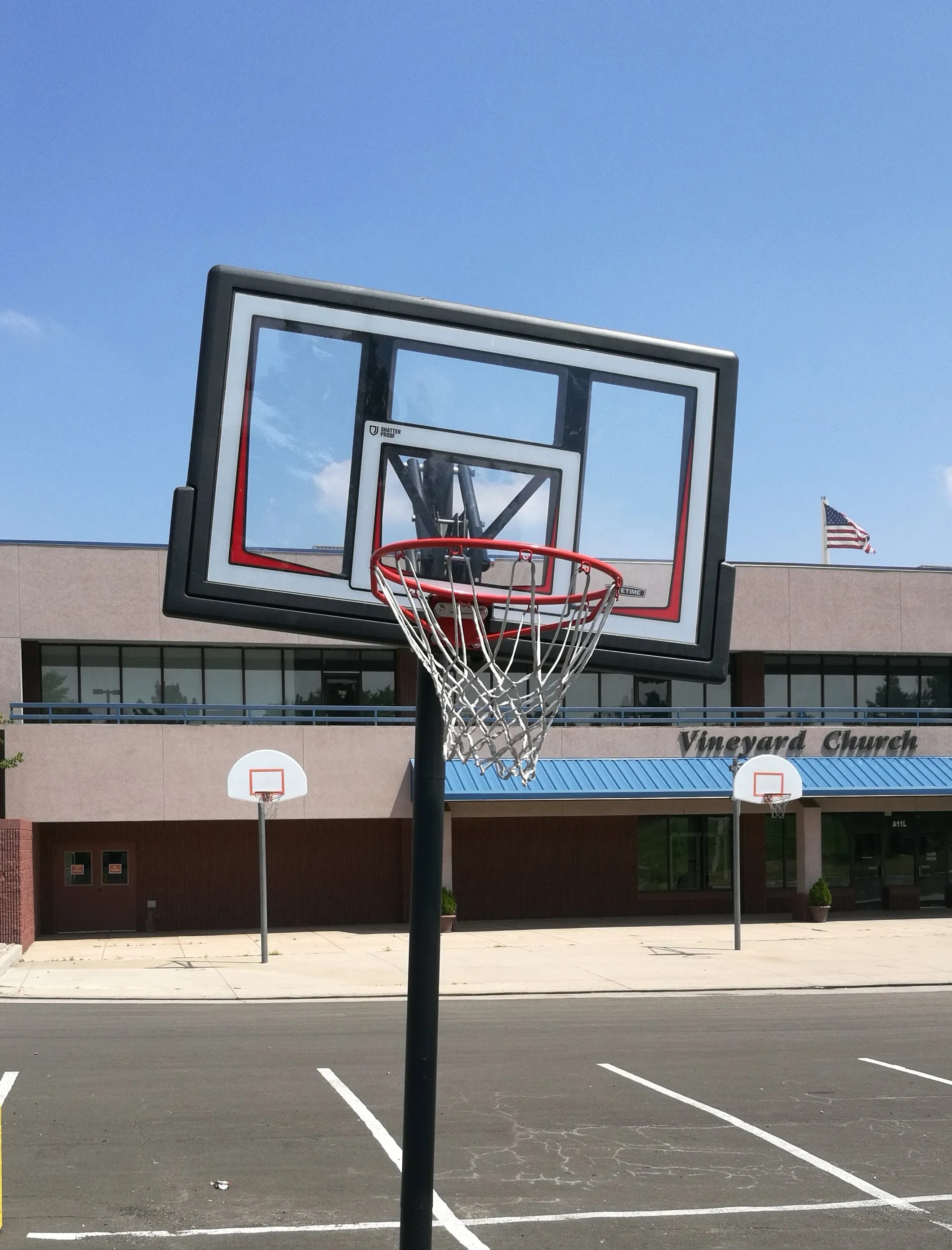 Basketball hoop in a church parking lot